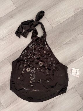 Free People Black Embellished Halter Tank Top